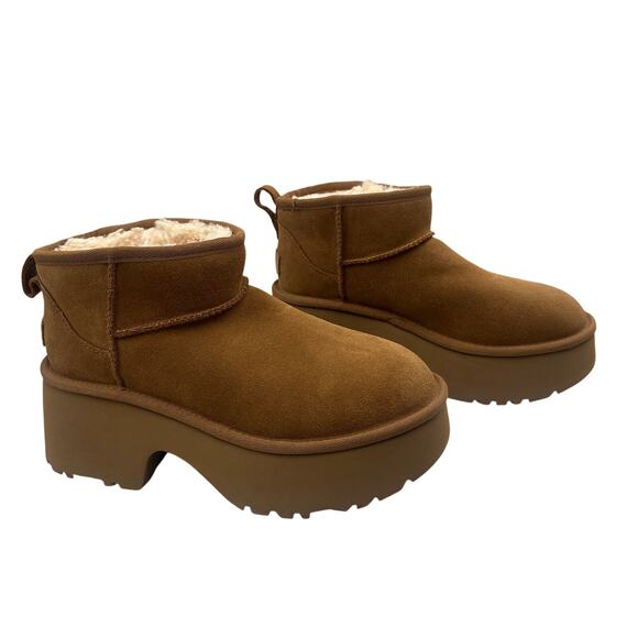 UGG Shoes - UGG Platform Ankle Boots Classic Ultra Mini New Heights Fur Lined Chestnut Sz 8